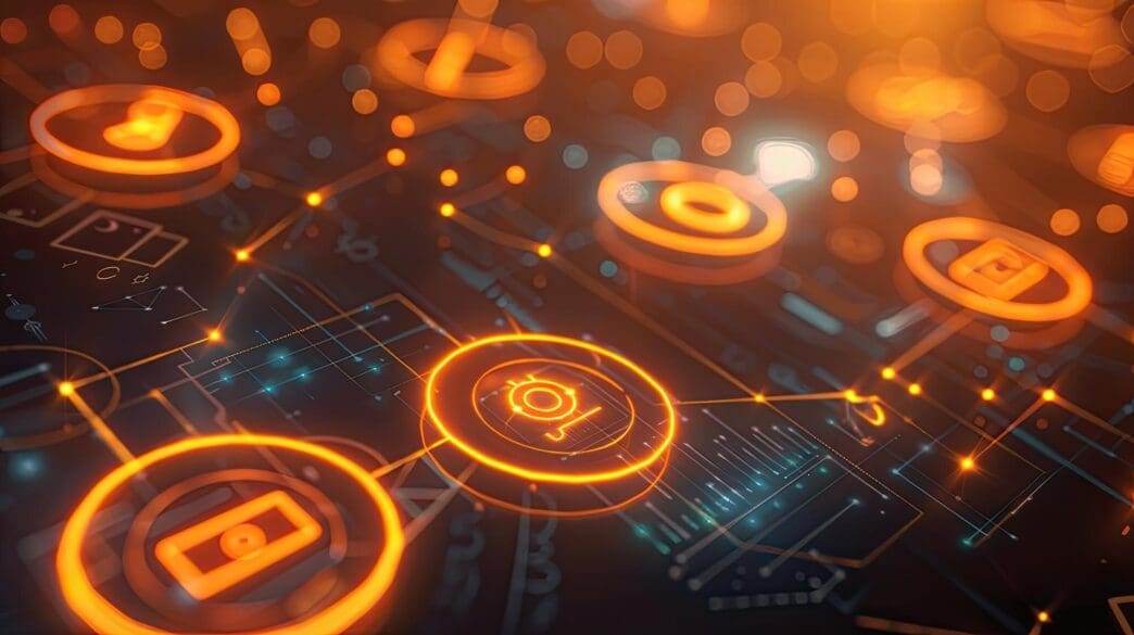 Glowing symbols and icons representing financial regulatory frameworks and compliance.