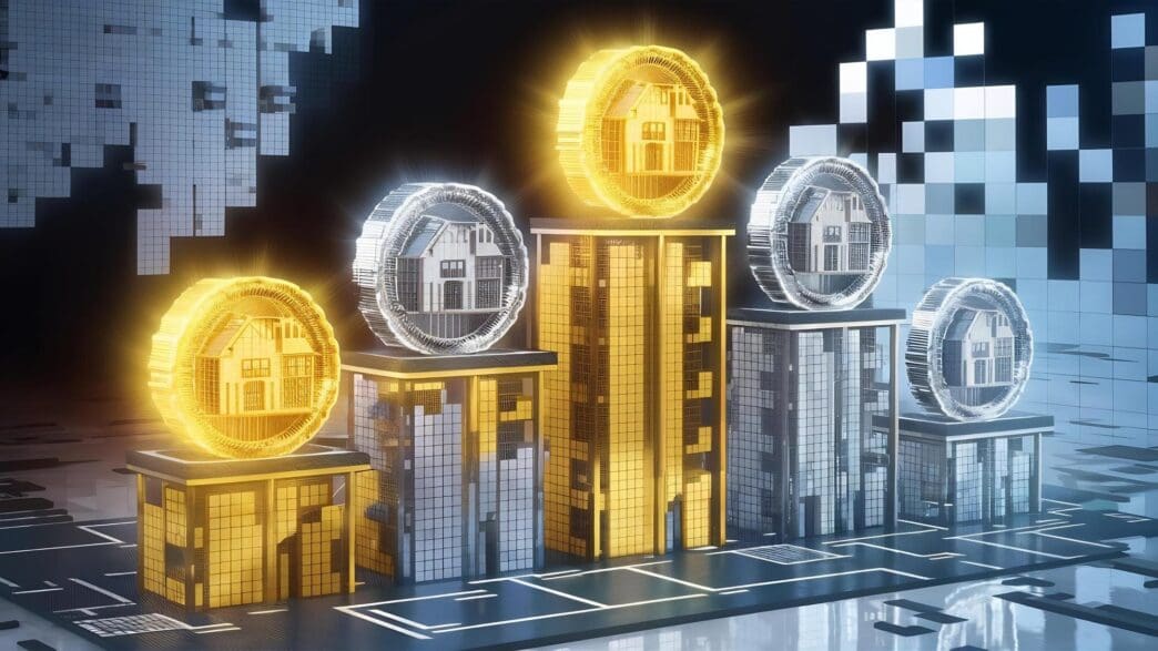 3D icons of gold and silver houses with coins arranged as a graph.