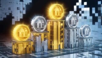 3D icons of gold and silver houses with coins arranged as a graph.