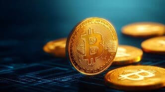 A golden Bitcoin symbol shines against a dark background, representing the cryptocurrency.