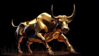 A golden bull sculpture, a symbol of bullish market trends, likely represents the cryptocurrency market.