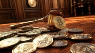 A golden gavel rests on a wooden desk alongside several Bitcoin coins in a courtroom setting.