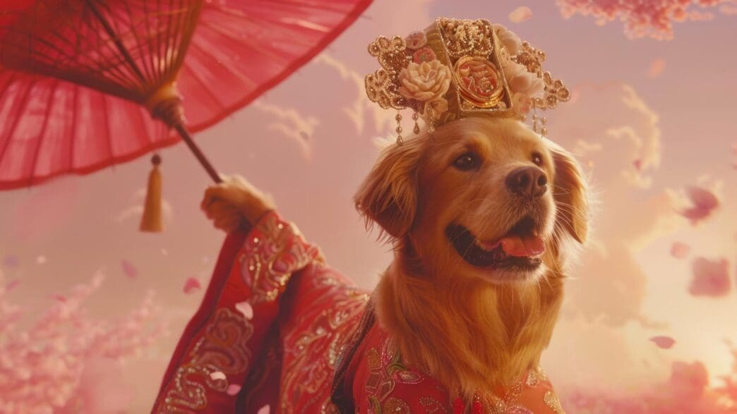 Golden retriever wearing traditional clothing, holding an umbrella.