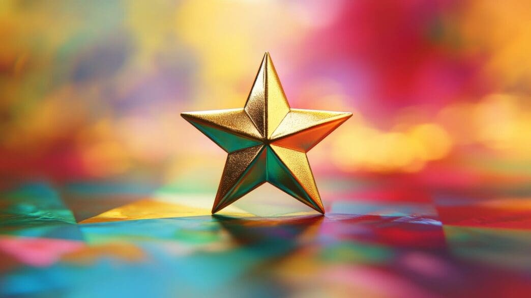 Shining gold star on a vibrant, colorful background, symbolizing success.