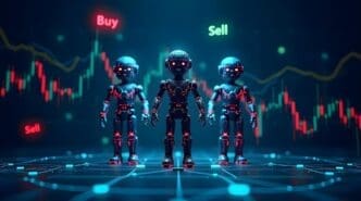 A graphic depicts a visual analysis of artificial intelligence crypto trading, featuring AI elements and indicator analysis.