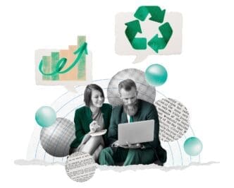 Green sticker with a business-related graphic.