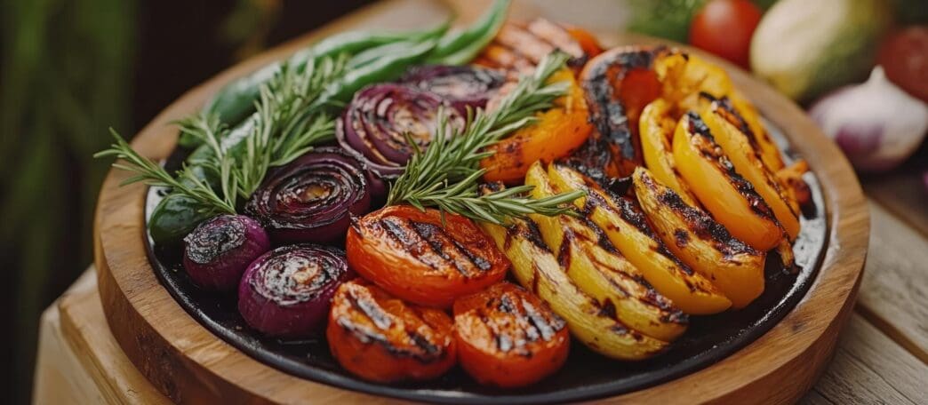 Grilled vegetables, garnished with rosemary sprigs, are arranged on a wooden platter.