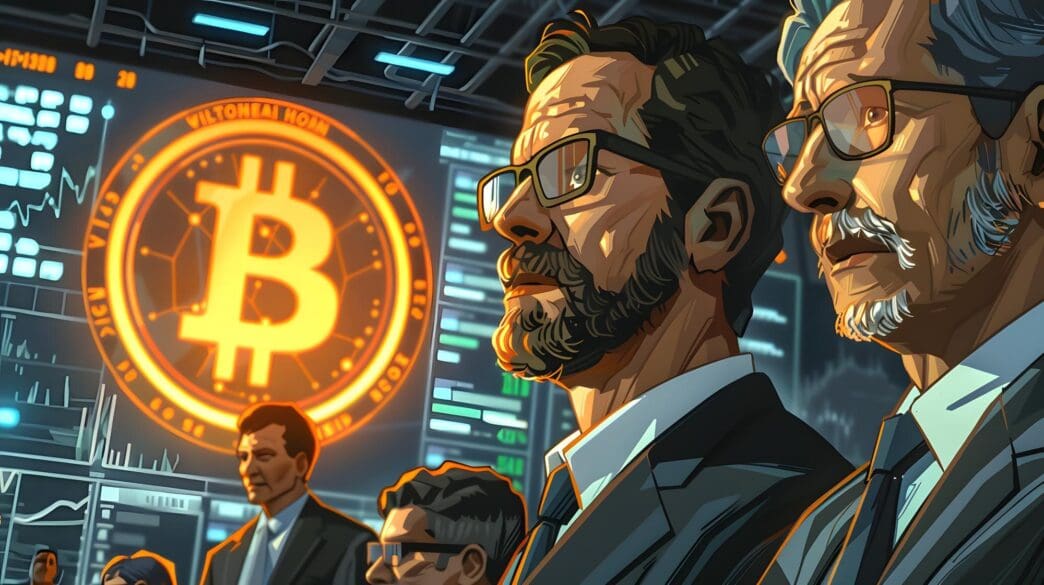 A group of bearded men stand in front of a Bitcoin sign, possibly at a movie event.