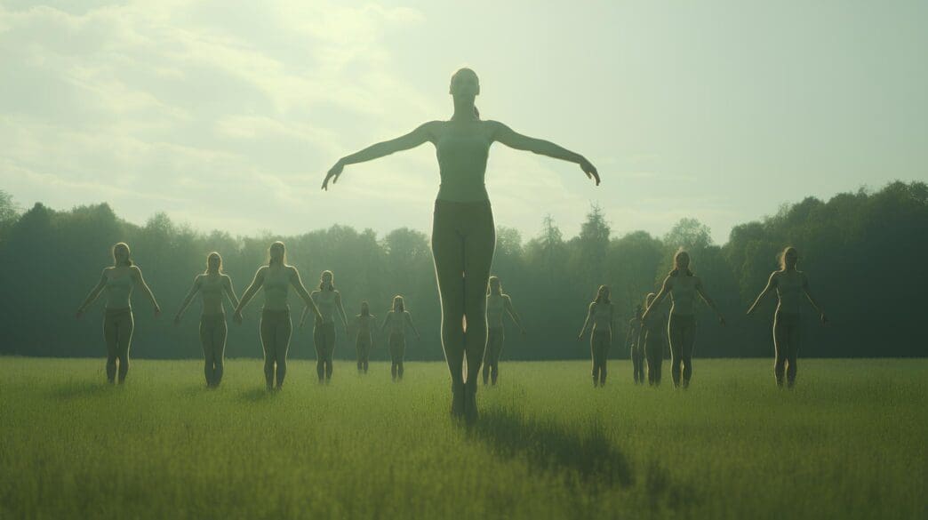 A group of female acrobats stands in a line, one behind the other.