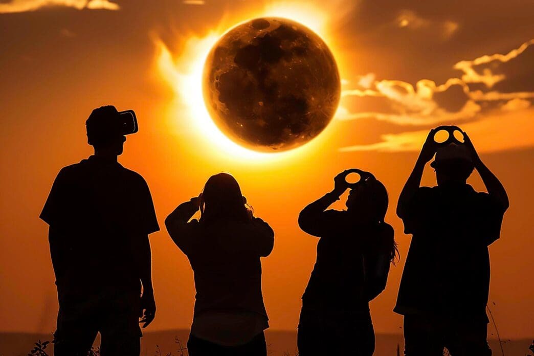 A group of friends in the desert wear eclipse glasses and use solar filters to observe a total solar eclipse.
