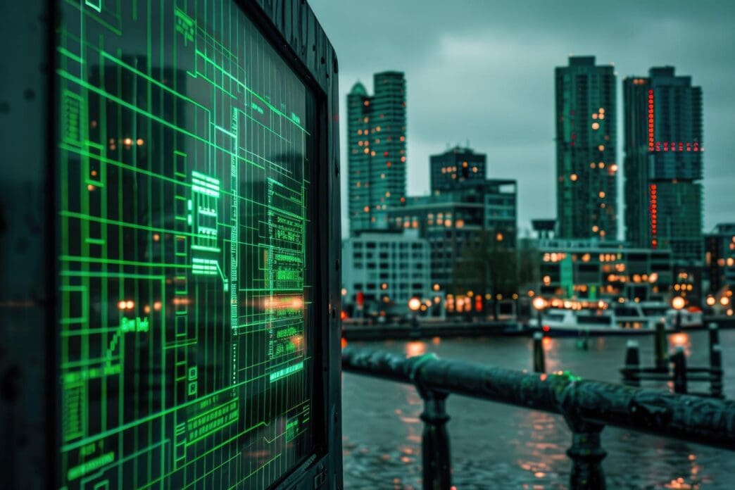 A computer screen displays green code with the target city Rotterdam, Netherlands, overlaid.