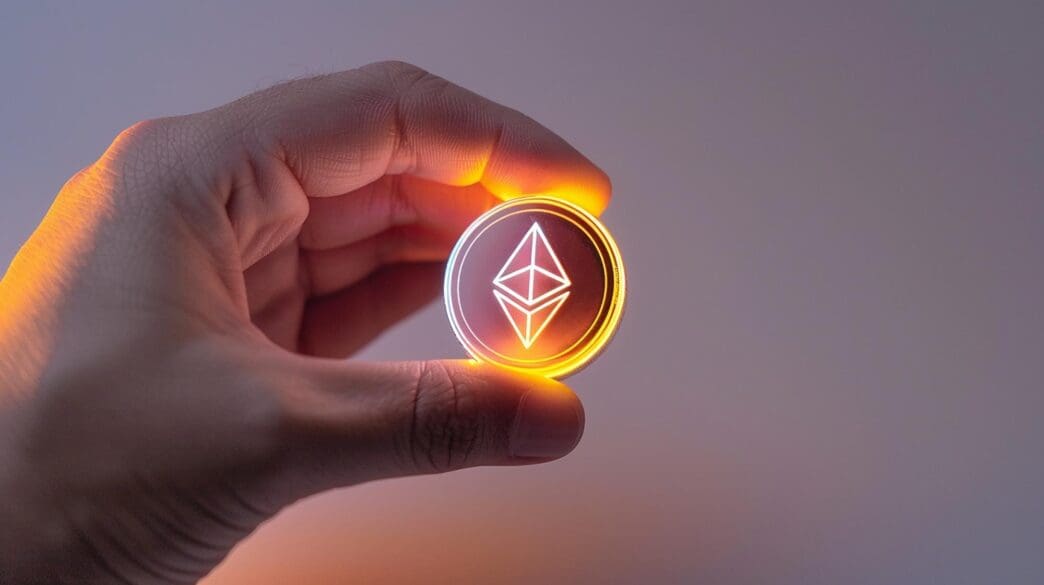 A hand holds a glowing, futuristic coin with a TRON logo.