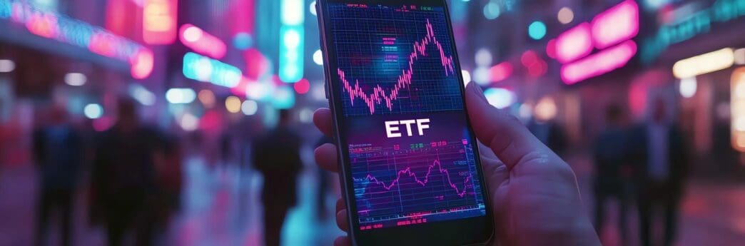 A hand holds a smartphone displaying the letters "ETF" on the screen.