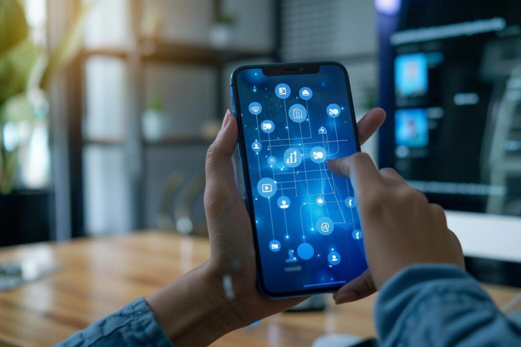 A young person's hand holds a smartphone, likely engaging with social media.