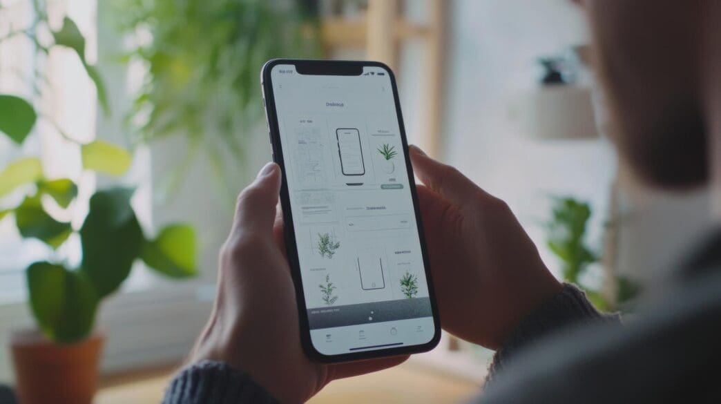 Hands hold a smartphone displaying a digital marketplace app in a minimalist workspace.