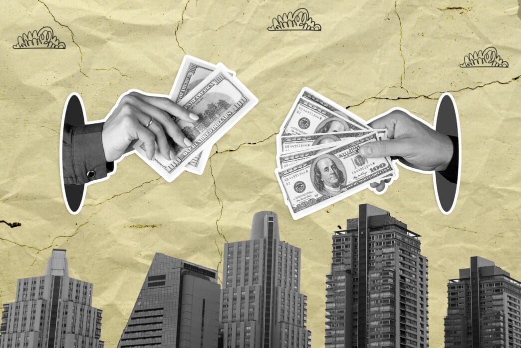 Collage design featuring hands holding money.