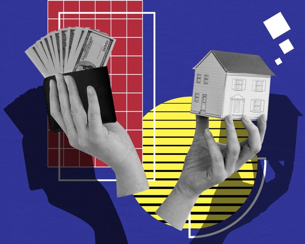 Collage design featuring hands interacting with money.