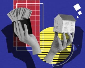 Collage design featuring hands interacting with money.