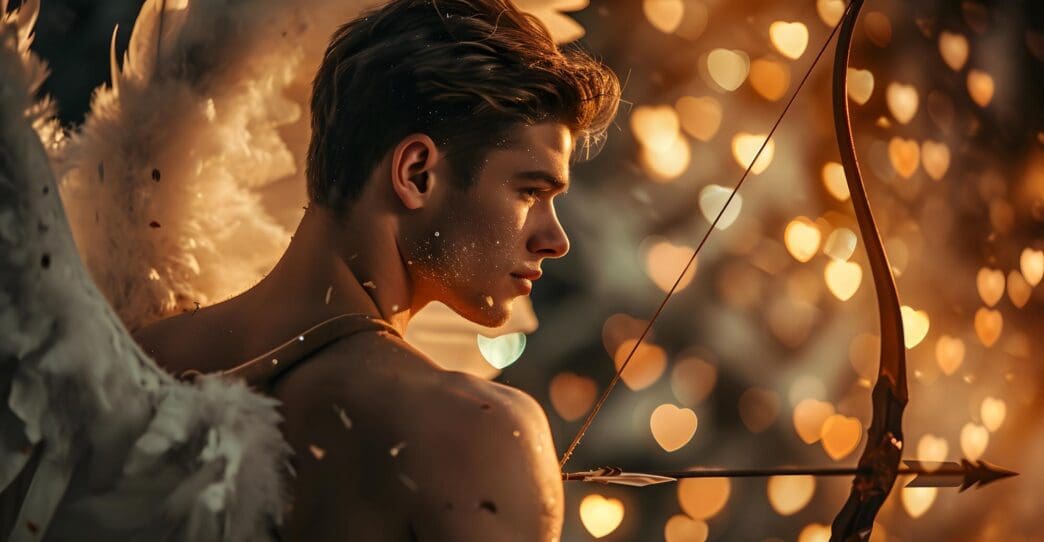 A young cupid with a bow and arrow prepares to shoot, embodying the concept of Valentine's Day.
