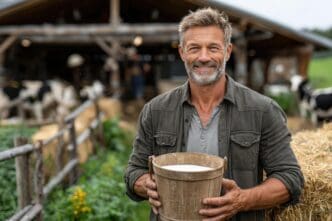 A smiling dairy farmer holds a container of fresh milk in a green field near a barn.