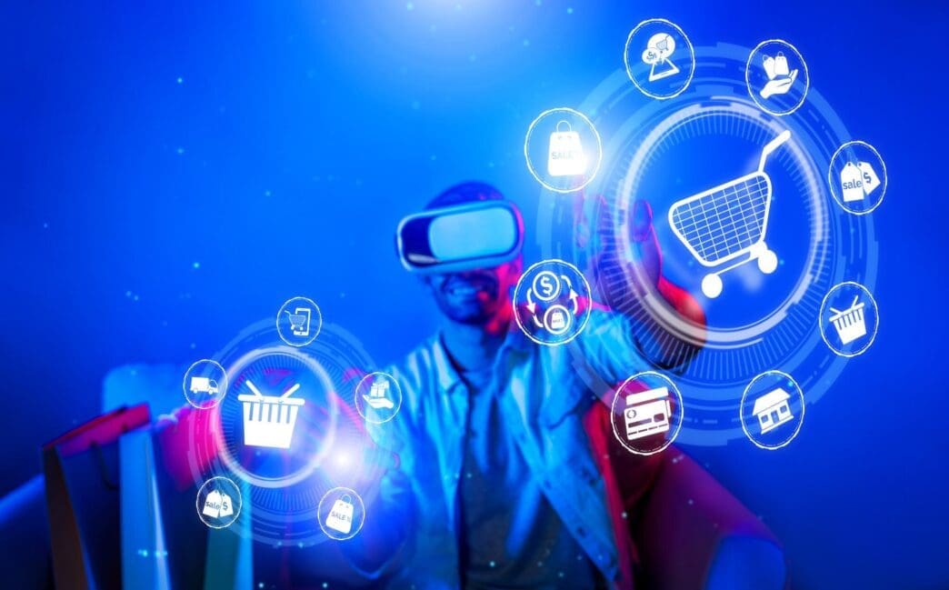 A smiling man wearing a VR headset is shopping online while sitting on a sofa.