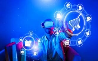 A smiling man wearing a VR headset is shopping online while sitting on a sofa.
