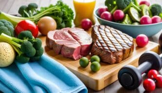 A colorful arrangement displays a variety of healthy foods, fitness equipment, and wellness items symbolizing a balanced lifestyle.