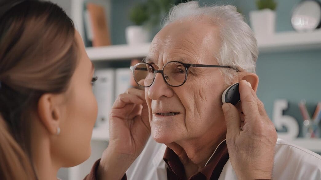 A hearing specialist adjusts the settings on a hearing aid for an elderly patient.