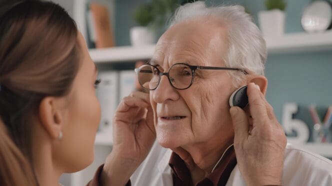 A hearing specialist adjusts the settings on a hearing aid for an elderly patient.