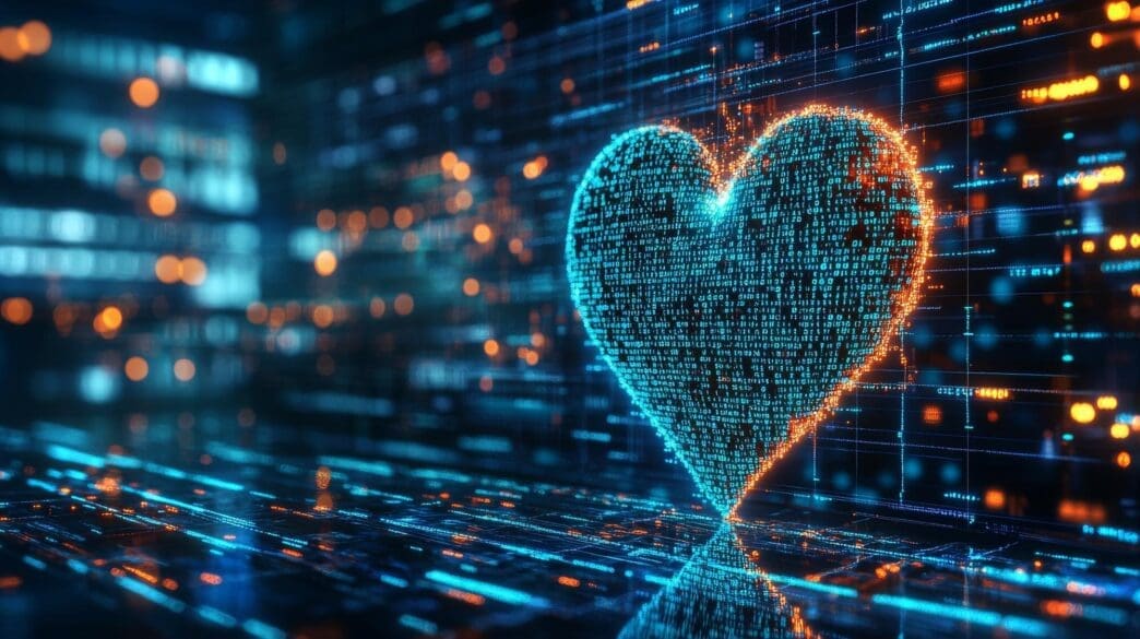 Binary code forming a heartbeat symbol surrounded by digital elements and glowing lights.
