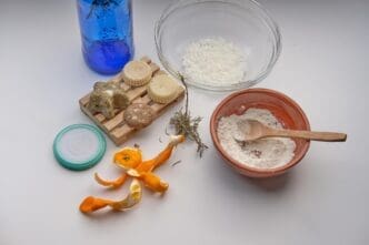 High-angle view of various foods arranged on a table.