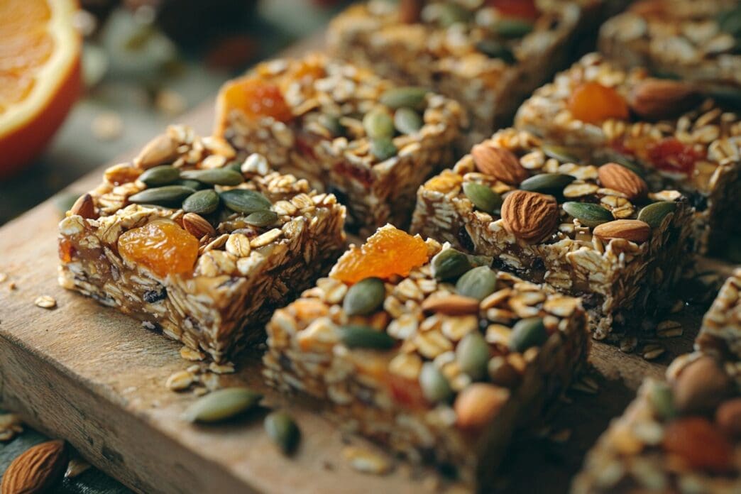 Granola bars with nuts, seeds, and dried fruit are arranged on a surface.