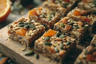 Granola bars with nuts, seeds, and dried fruit are arranged on a surface.
