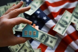 A house symbol is superimposed on an American flag, representing mortgage credit, lending, and housing safety.