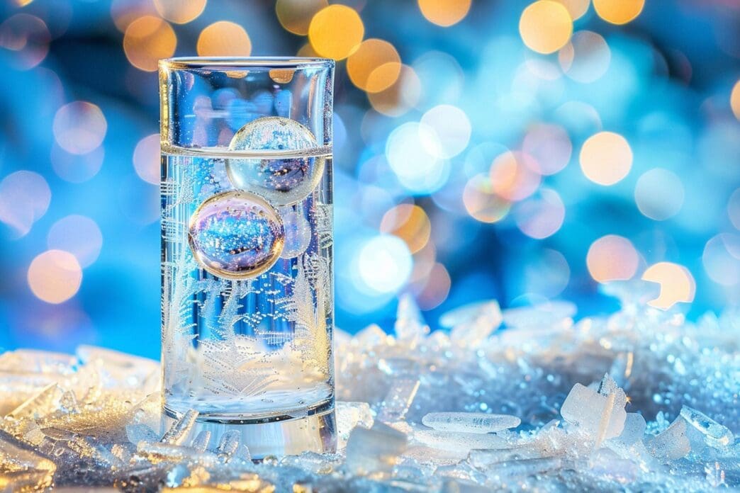 Close-up of an ice glass with a frozen bubble, capturing a fleeting moment of beauty.