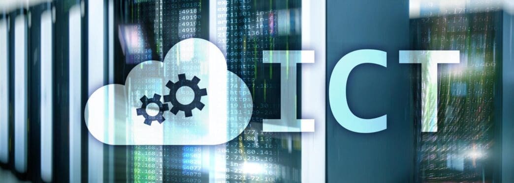 An illustration depicts the concept of information and communication technology, with a server room in the background.