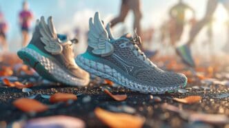 A pair of grey and blue running shoes with wings and a textured surface are in the foreground.