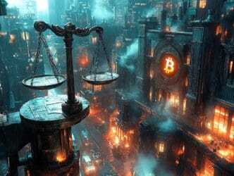 Nighttime rooftop scene featuring two men beside an antique scale, with a futuristic cityscape of industrial towers and reflective windows in the background.