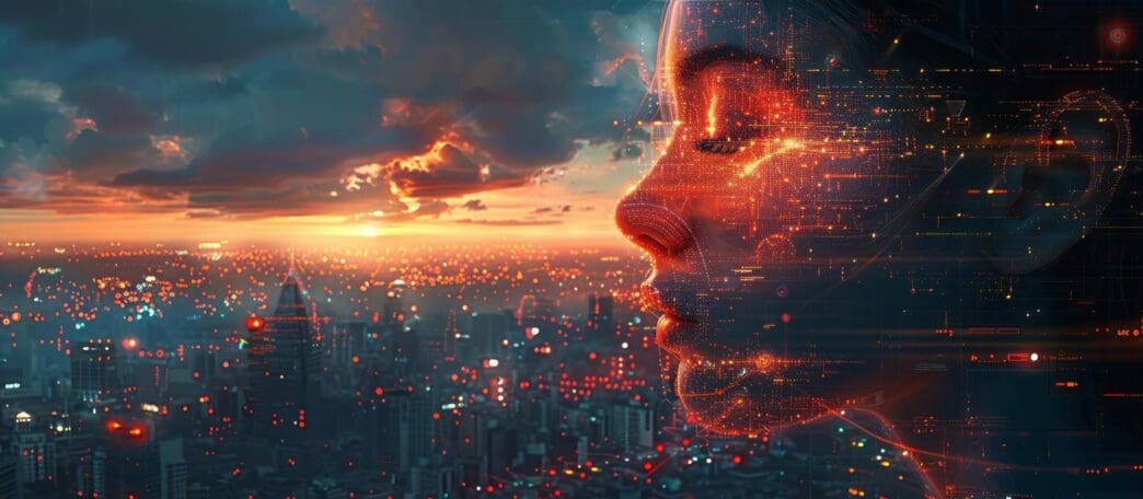 A digital illustration depicts the impact of generative AI on humanity, with a futuristic cityscape and atmospheric effects.