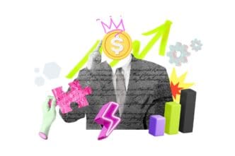 Collage of various investment-related images, such as charts, money, and buildings, arranged on a transparent background.