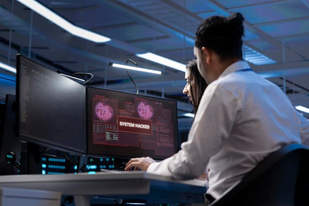 IT staff members in a high-tech facility work to protect servers from a hacker.