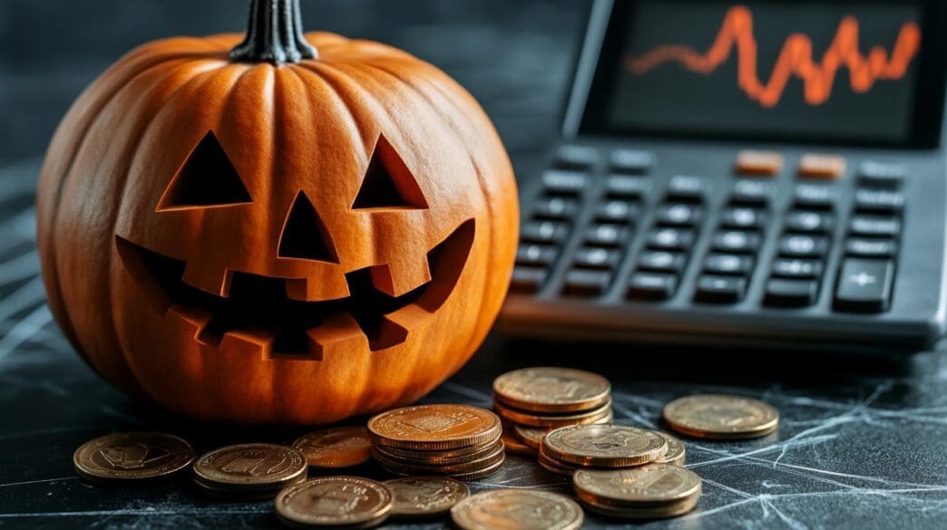 A calculator, coins, and a jack-o'-lantern sit on a dark surface.