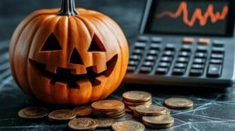 A calculator, coins, and a jack-o'-lantern sit on a dark surface.