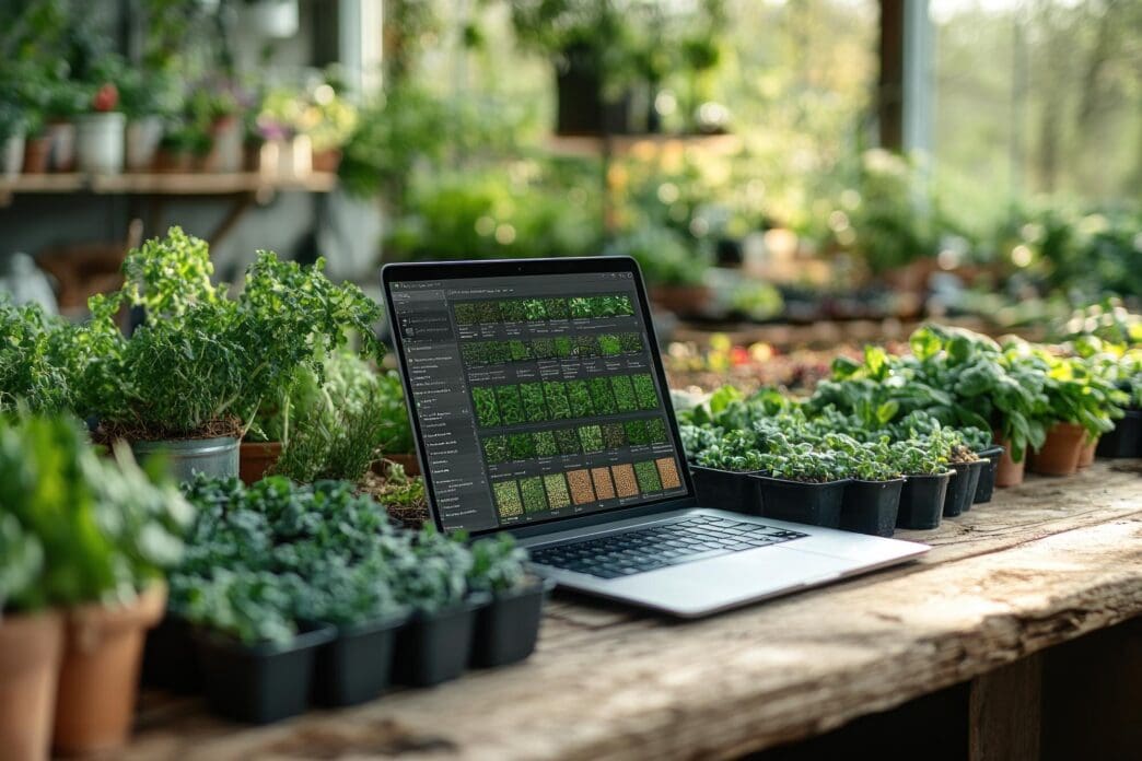 Laptop computer displaying images of greenery, situated outdoors in a garden.