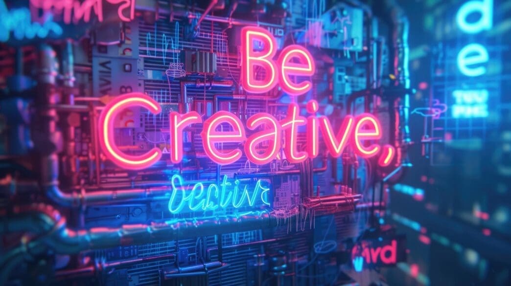 Neon-colored, futuristic-style text spells out "be creative" in a variety of textures.