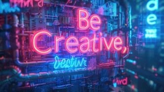 Neon-colored, futuristic-style text spells out "be creative" in a variety of textures.