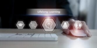 Conceptual image of lifelong learning, depicting a person adapting to new challenges through formal education, informal learning, and self-directed learning.
