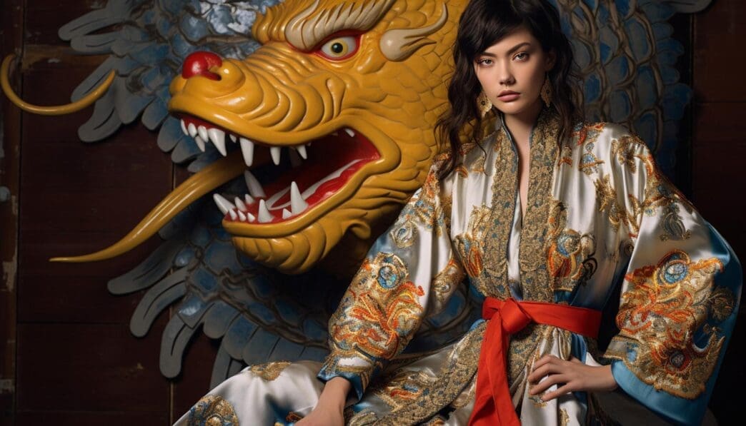 A lifestyle photo showcases fashion items, such as clothing and accessories, with designs inspired by Chinese dragons.