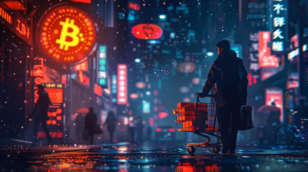 A lone person pushes a shopping cart down a wet city street beneath a bright Bitcoin sign.
