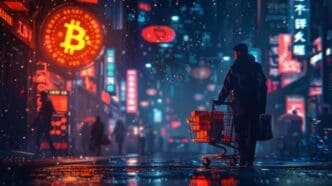 A lone person pushes a shopping cart down a wet city street beneath a bright Bitcoin sign.